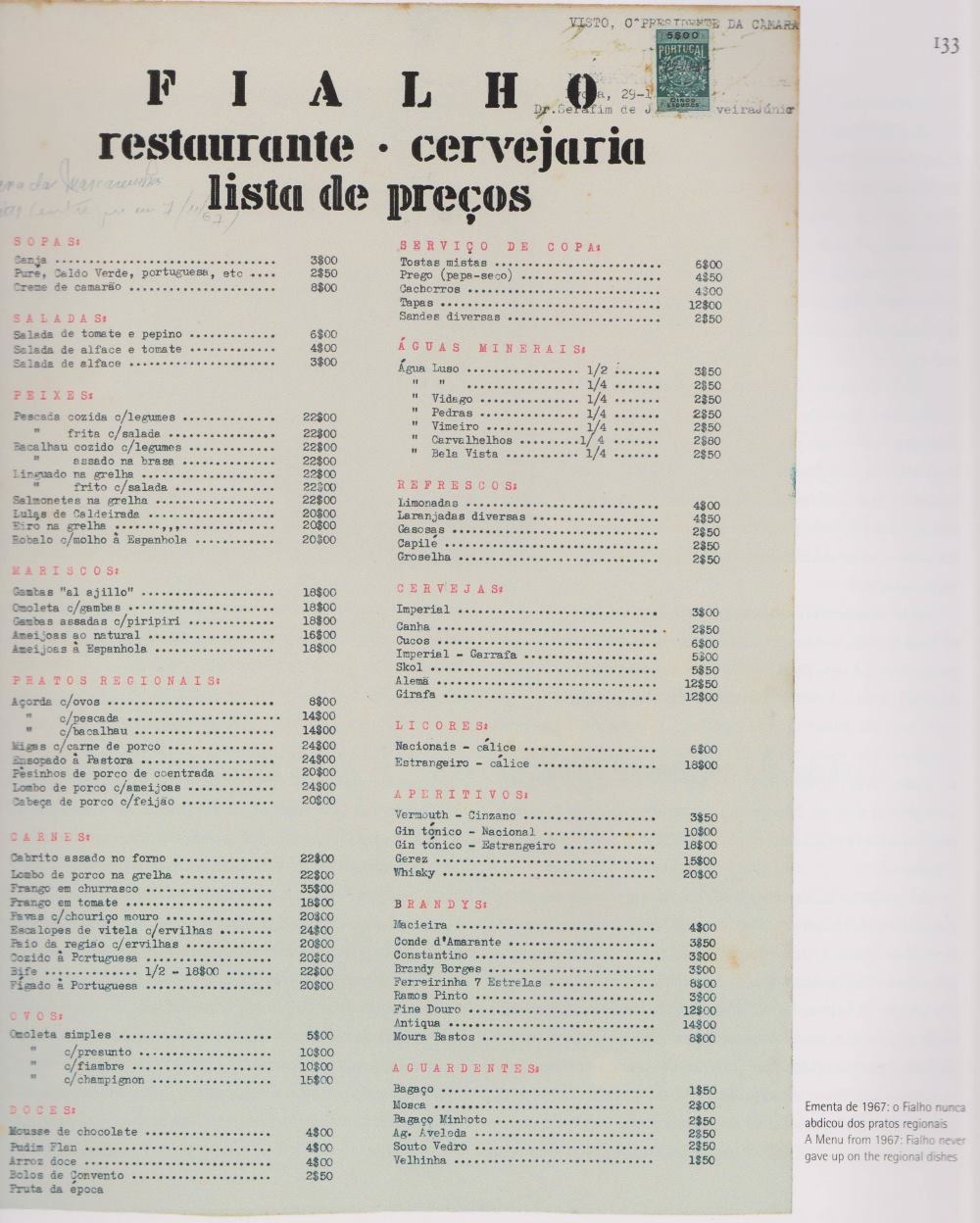 Ementa 1967 Restaurante Fialho